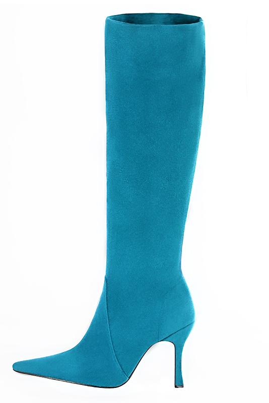 Turquoise blue women's feminine knee-high boots. Pointed toe. Very high spool heels. Made to measure. Profile view - Florence KOOIJMAN